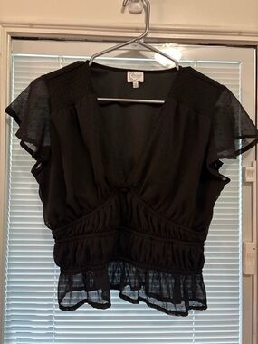 Francesca's Collections Black Flutter-Sleeve V-Neck Blouse